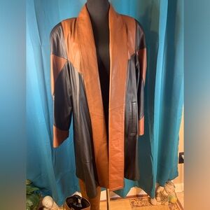 Vtg 80's Lerner Leather Jacket Womens Large Black Tan Color Block Trench Unisex